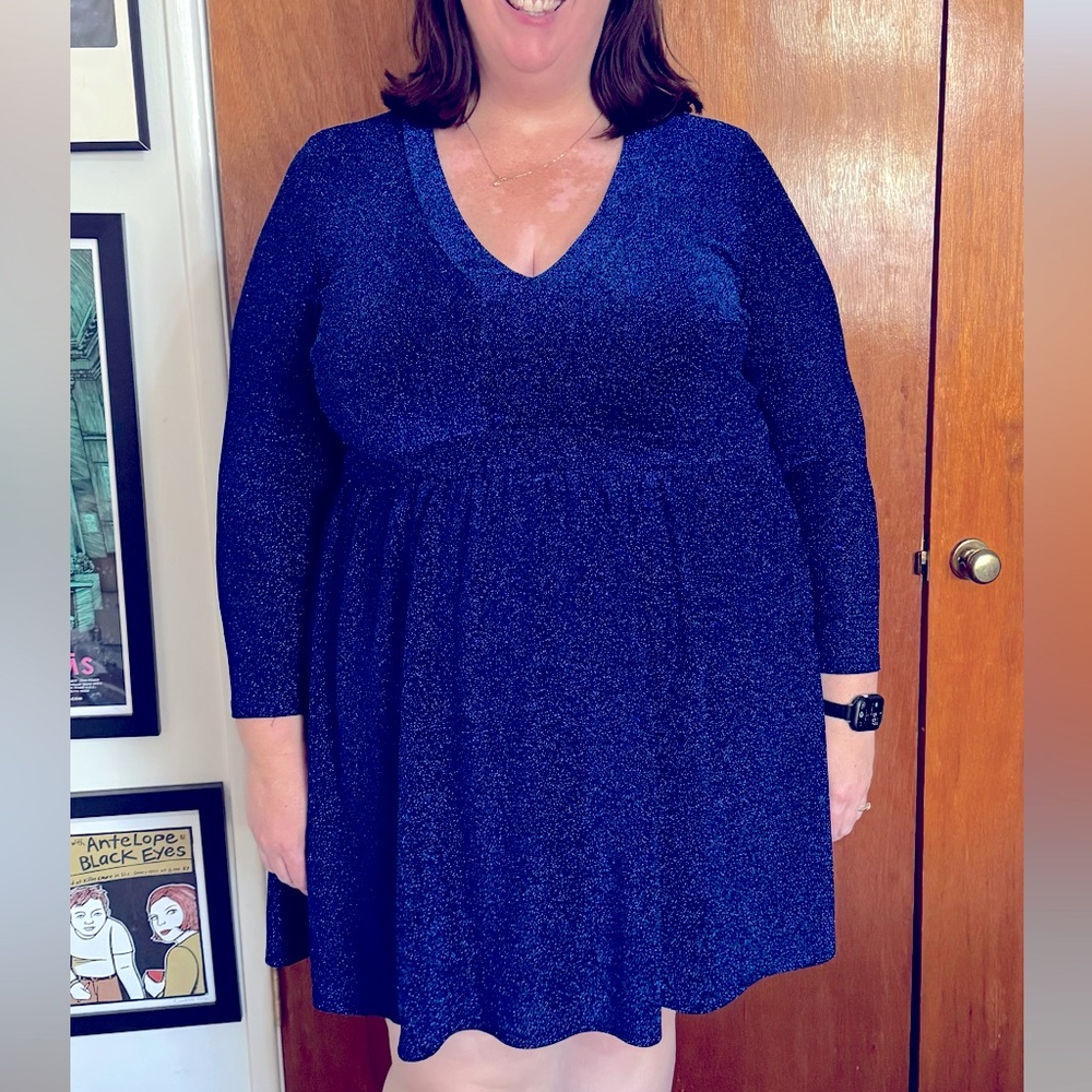 ModCloth 3X, 3, 24W blue stretch metallic dress. Midnights style.